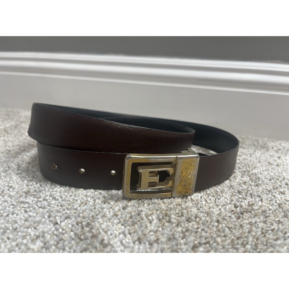 Vtg Leather Belt‎ With Letter E Belt Buckle Black Brown Belt